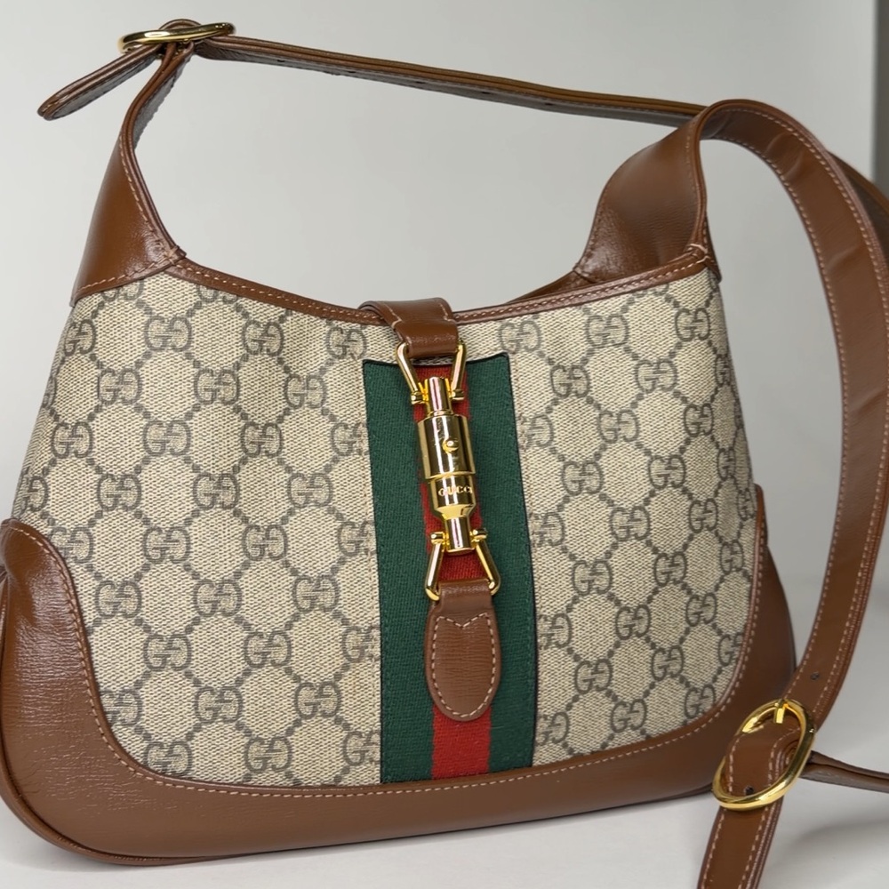 Gucci Jackie 1961 Beige and Brown Shoulder Bag with Green and Red Stripe - Picture 2 of 5